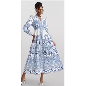 JardinVue NWT Greta 100% Polyester Paisley Print Midi Dress Blue & White Size XL